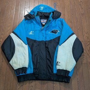 90's Carolina Panthers NFL Pro Line Logo Athletic Full Zip Hooded Puffer Jacket